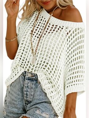 DOKOTOO Off-Shoulder Crochet Scoop Neck Sweater - White